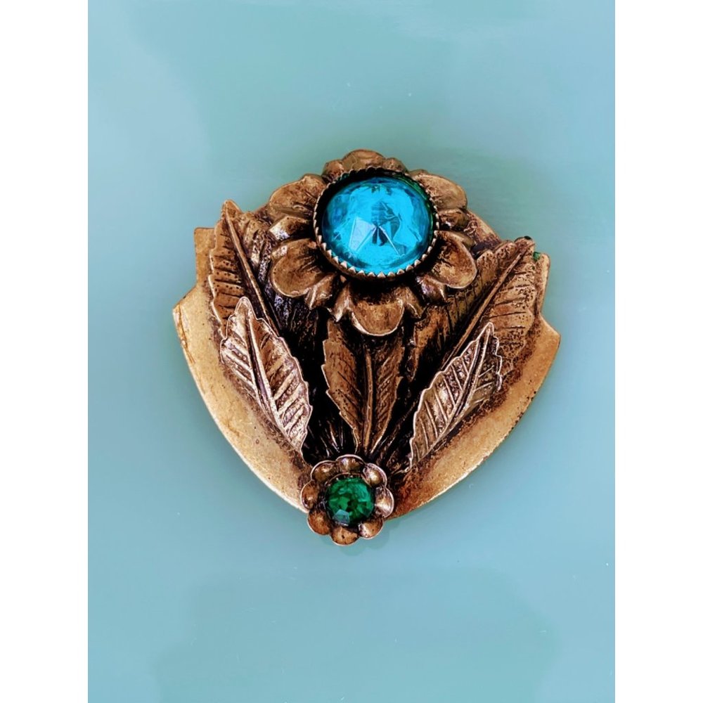 Antique Brass Flower Fur Clip Blue Rhinestone
